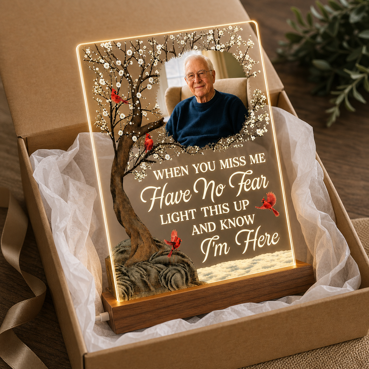 When You Miss Me Memorial Photo Night Light on Walnut Base - gift presentation